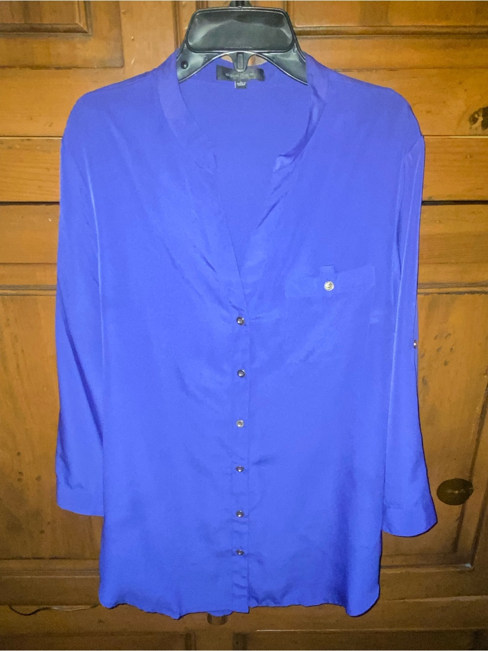 SPENSE Dress Blouse-Collared-Button Front-Roll Up Tab Sleeves-Purple-LARGE